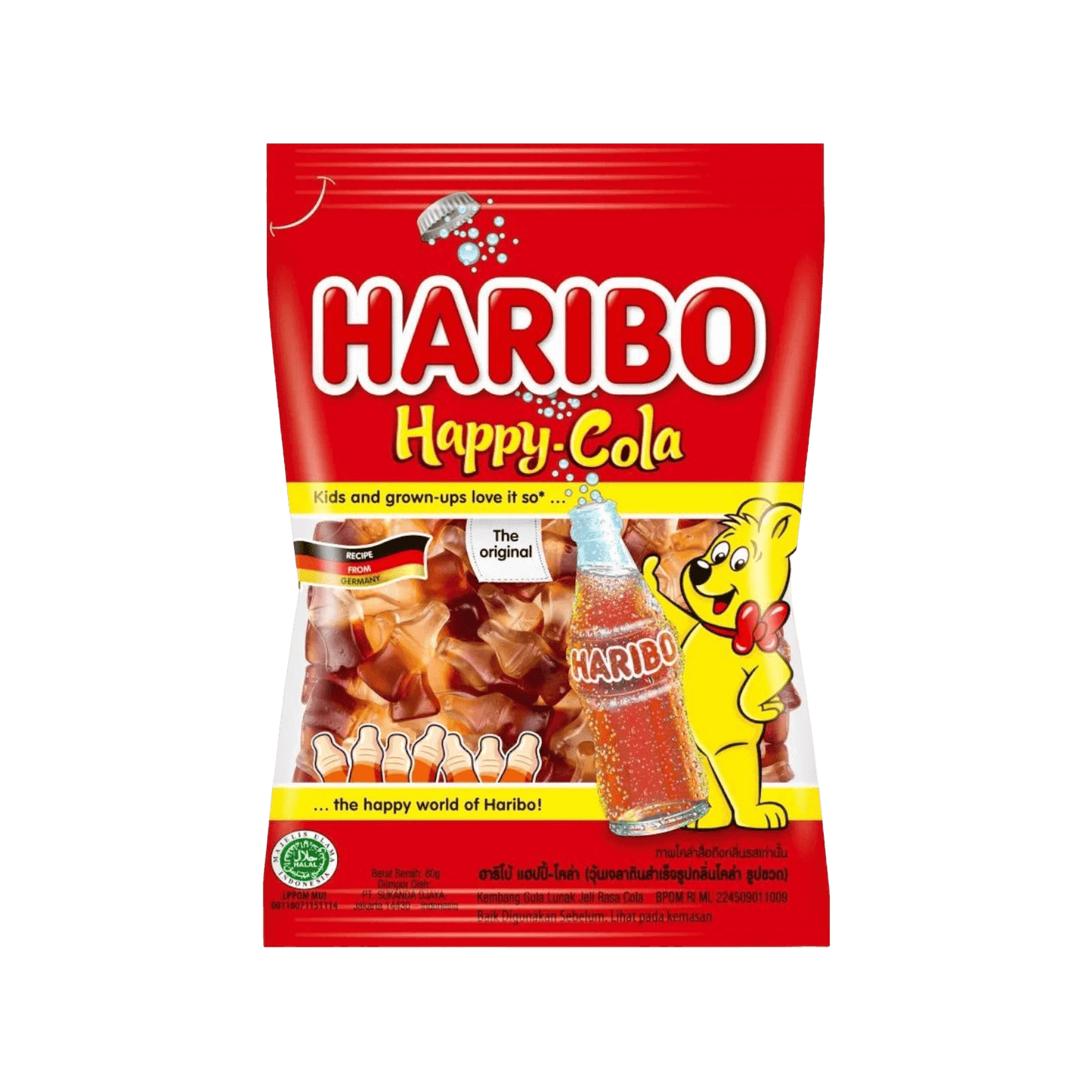 Haribo Happy Cola Gummies 175g candy pack featuring cola bottle-shaped gummies with classic red and yellow branding, ideal for snacking and parties.