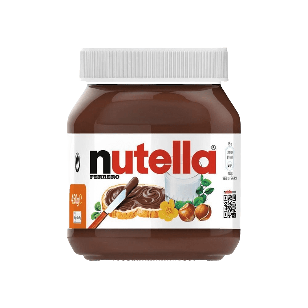 Ferrero Nutella 400g Italian hazelnut spread jar with toast, milk, and hazelnuts on label. Ideal for breakfast or dessert recipes.