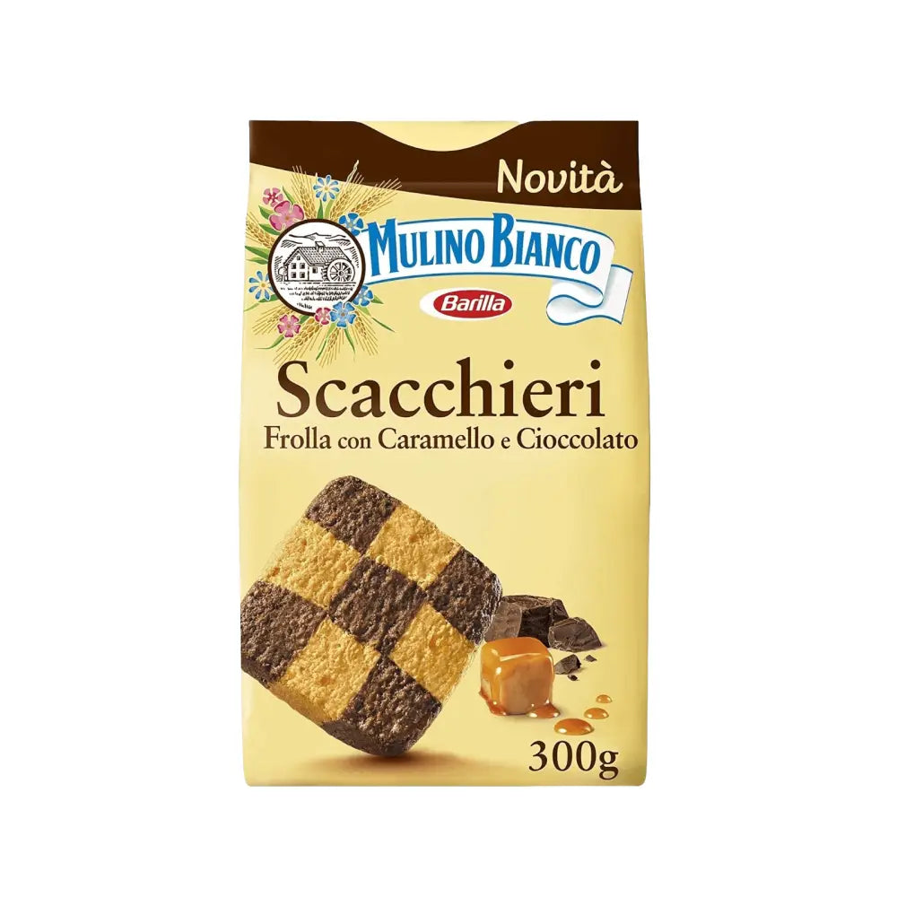 Scacchieri Caramel Chocolate Cookies by Mulino Bianco in 300g pack, featuring double pastry squares with rich caramel and chocolate flavor.