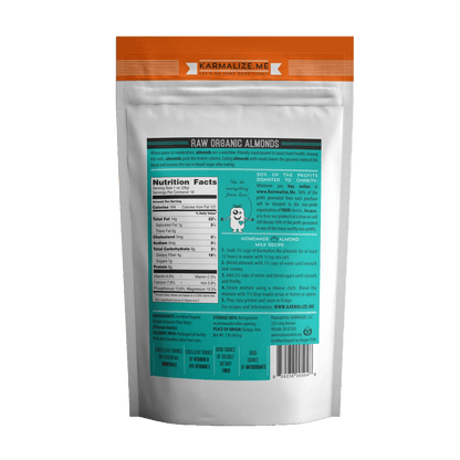 Back of Organic Raw Almonds Spain 1lb pack showing nutrition facts, product benefits, and recipe ideas for healthy snacking.