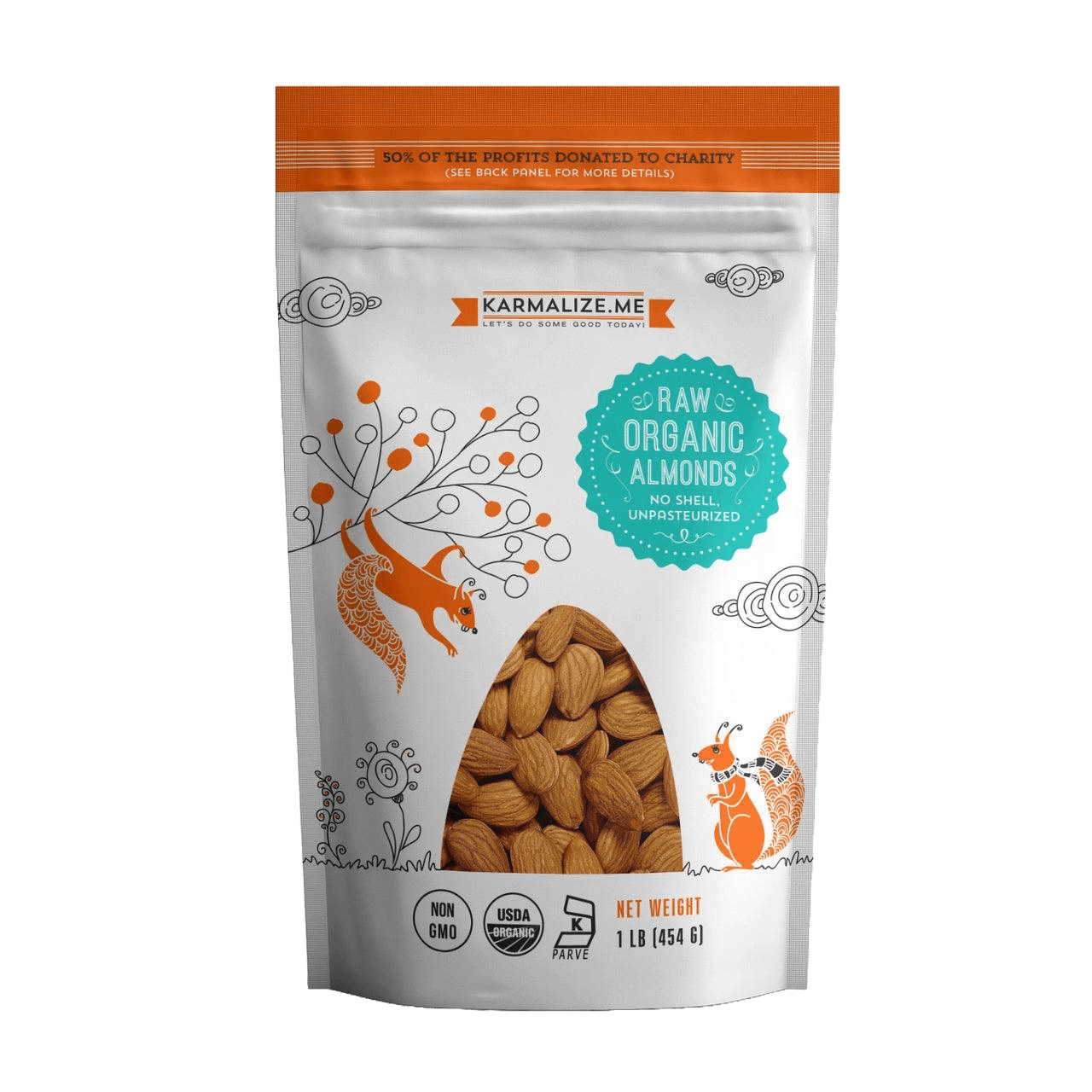 Front of Organic Raw Almonds Spain 1lb pack by Karmalize.Me, featuring unpasteurized, heart-healthy almonds in a resealable pouch.
