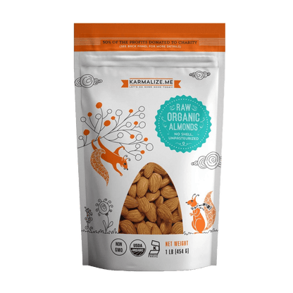 Front of Organic Raw Almonds Spain 1lb pack by Karmalize.Me, featuring unpasteurized, heart-healthy almonds in a resealable pouch.