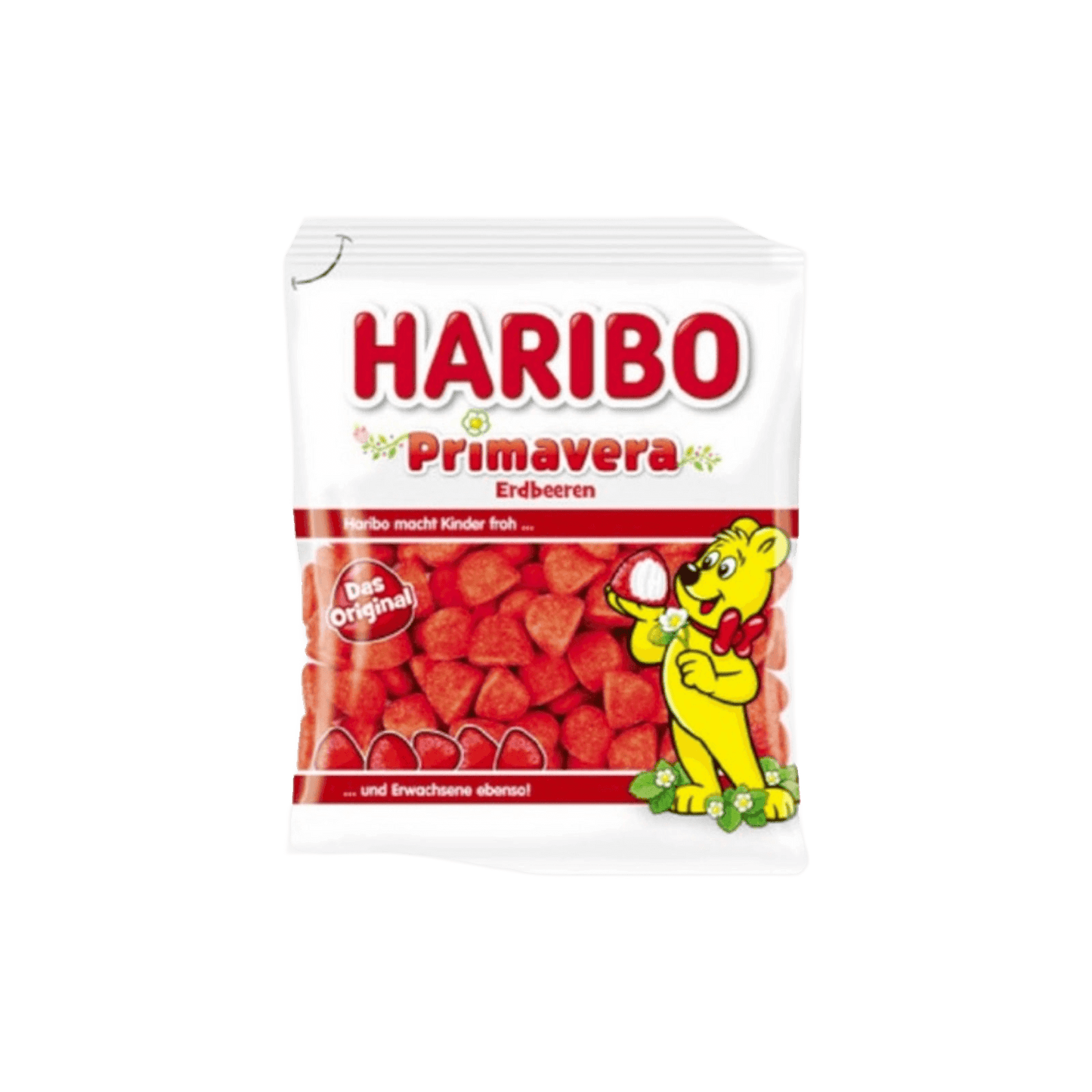 Haribo Primavera Gummy Candy - Strawberry 100g pack with soft, sugar-coated strawberry-shaped gummies, ideal for sweet snack lovers.