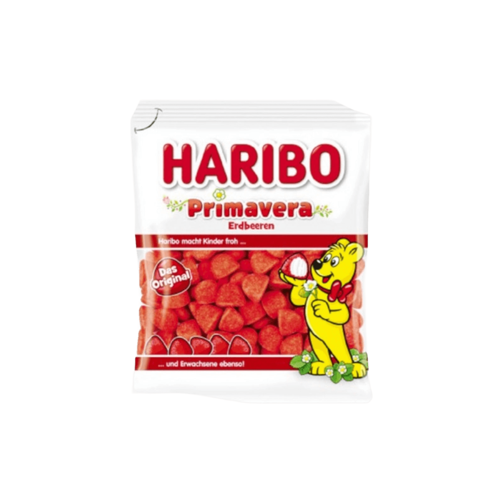 Haribo Primavera Gummy Candy - Strawberry 100g pack with soft, sugar-coated strawberry-shaped gummies, ideal for sweet snack lovers.