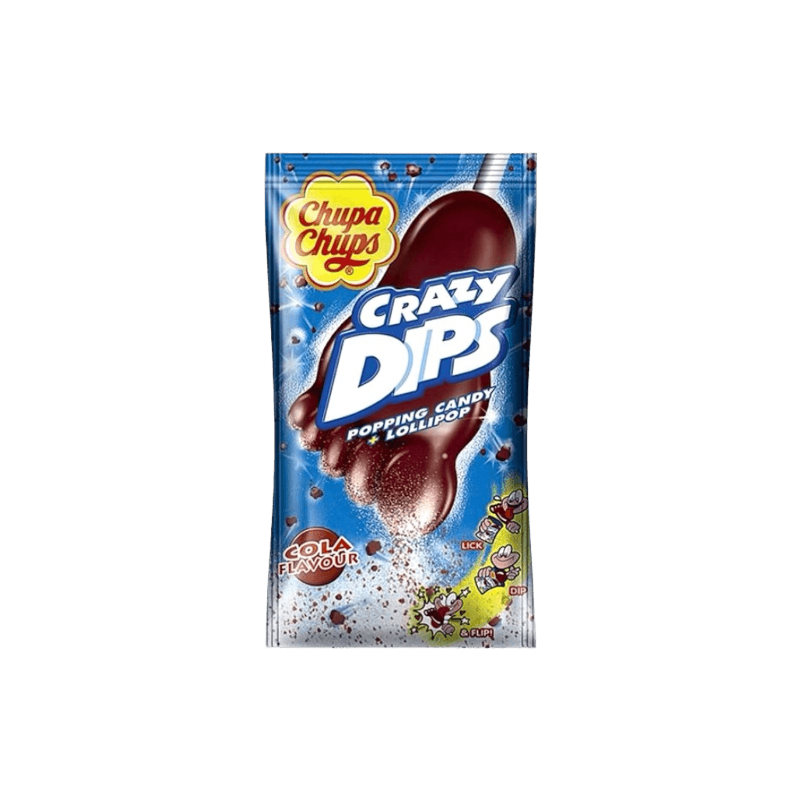 Chupa Chups Crazy Dips Lollipops With Cola Taste 14g in blue packaging featuring a cola-flavored lollipop and popping candy visuals. Ideal candy snack for cola lovers.