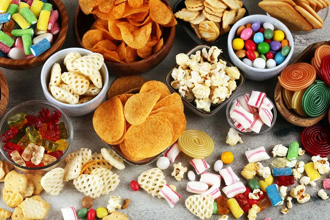 A colorful assortment of snacks including gummy bears, candy canes, and potato chips arranged in wooden bowls.
