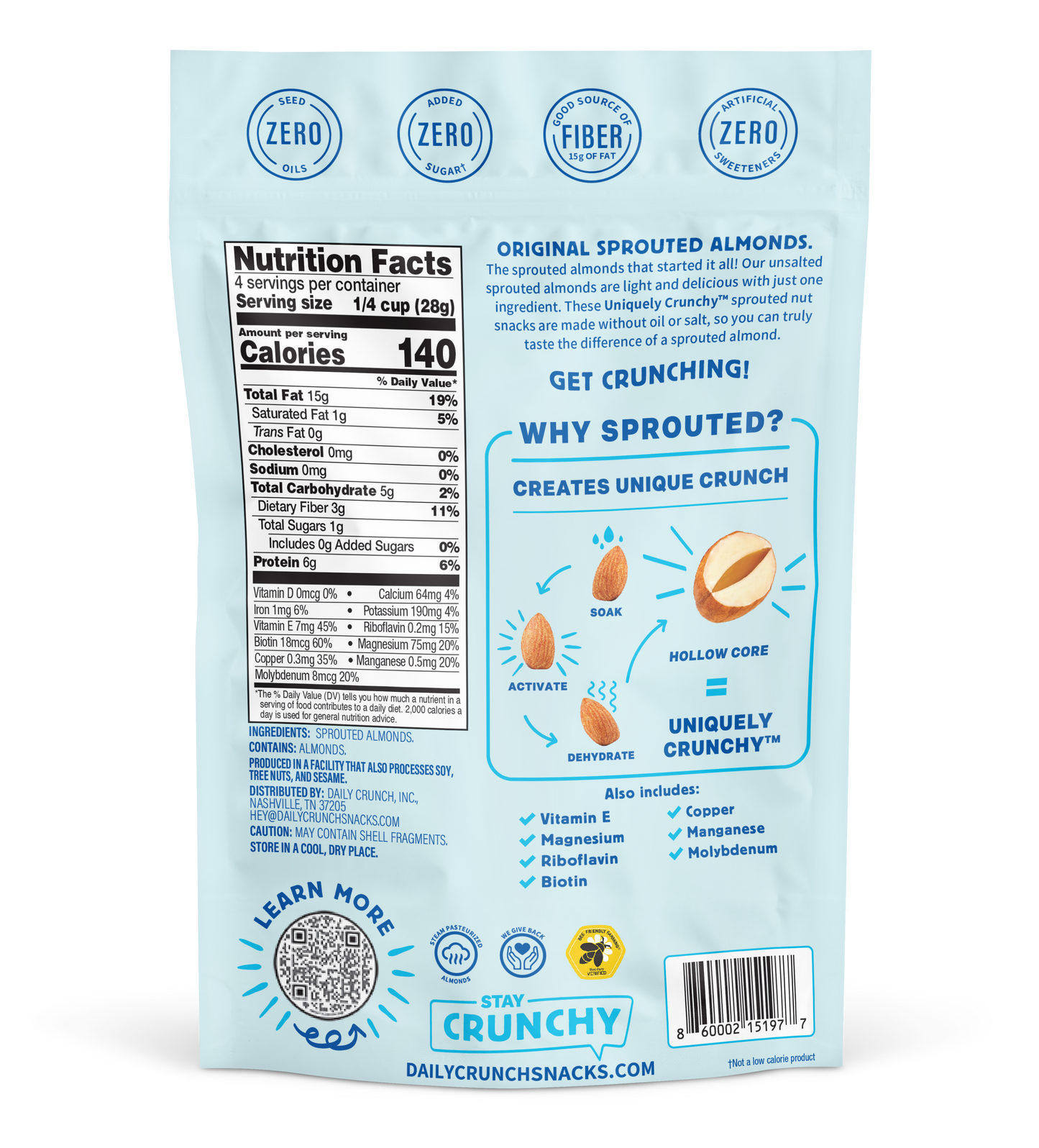 Daily Crunch Unsalted Sprouted Almonds - Various Size Packs - Nuts