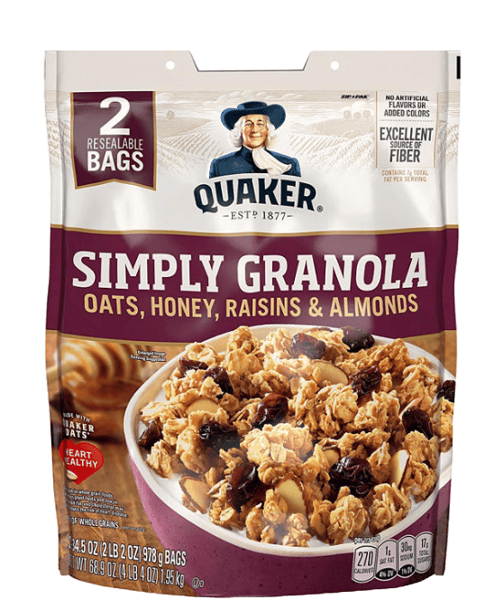 Quaker Granola 2 Pack - 69oz with oats, honey, raisins & almonds in resealable bags, a high fiber cereal with 32g whole grains per serving.