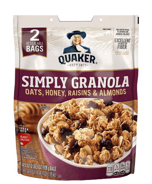 Quaker Granola 2 Pack - 69oz with oats, honey, raisins & almonds in resealable bags, a high fiber cereal with 32g whole grains per serving.
