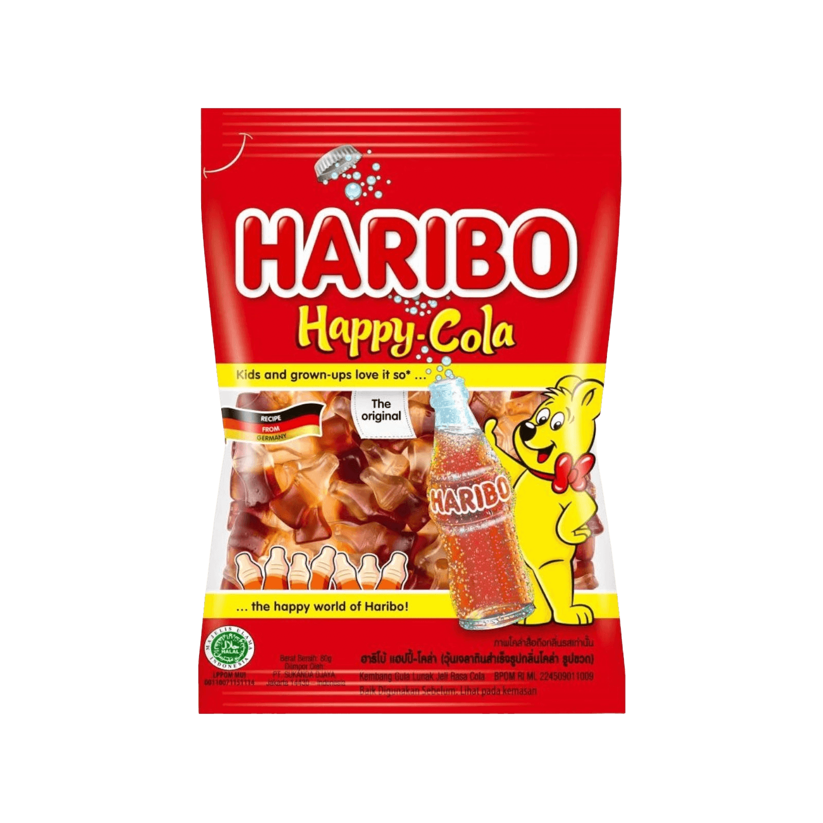 Haribo Happy Cola Gummies 175g candy pack featuring cola bottle-shaped gummies with classic red and yellow branding, ideal for snacking and parties.