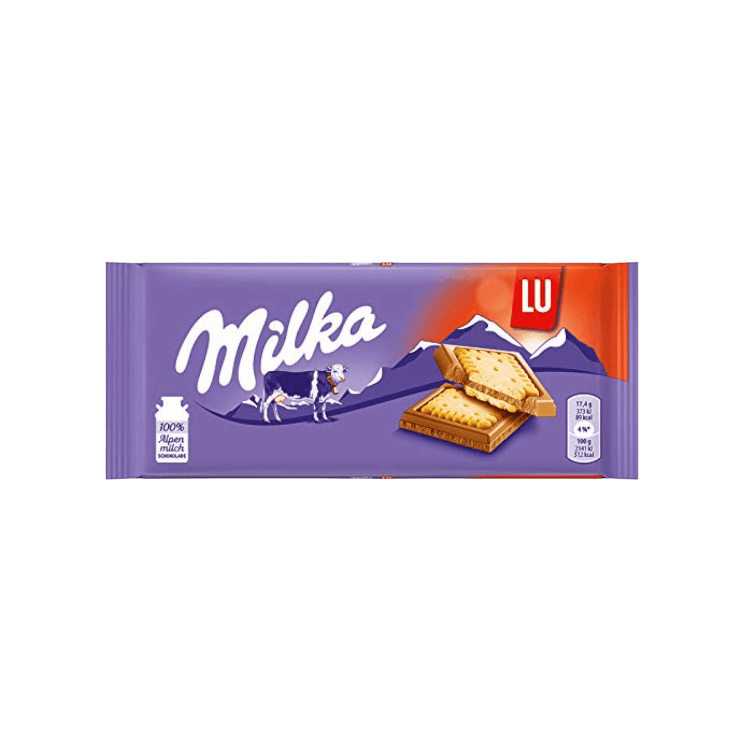 Milka Choco Lu Bar 87g combines creamy Swiss Alps milk chocolate with crunchy LU biscuits, perfect for snacking or gifting.