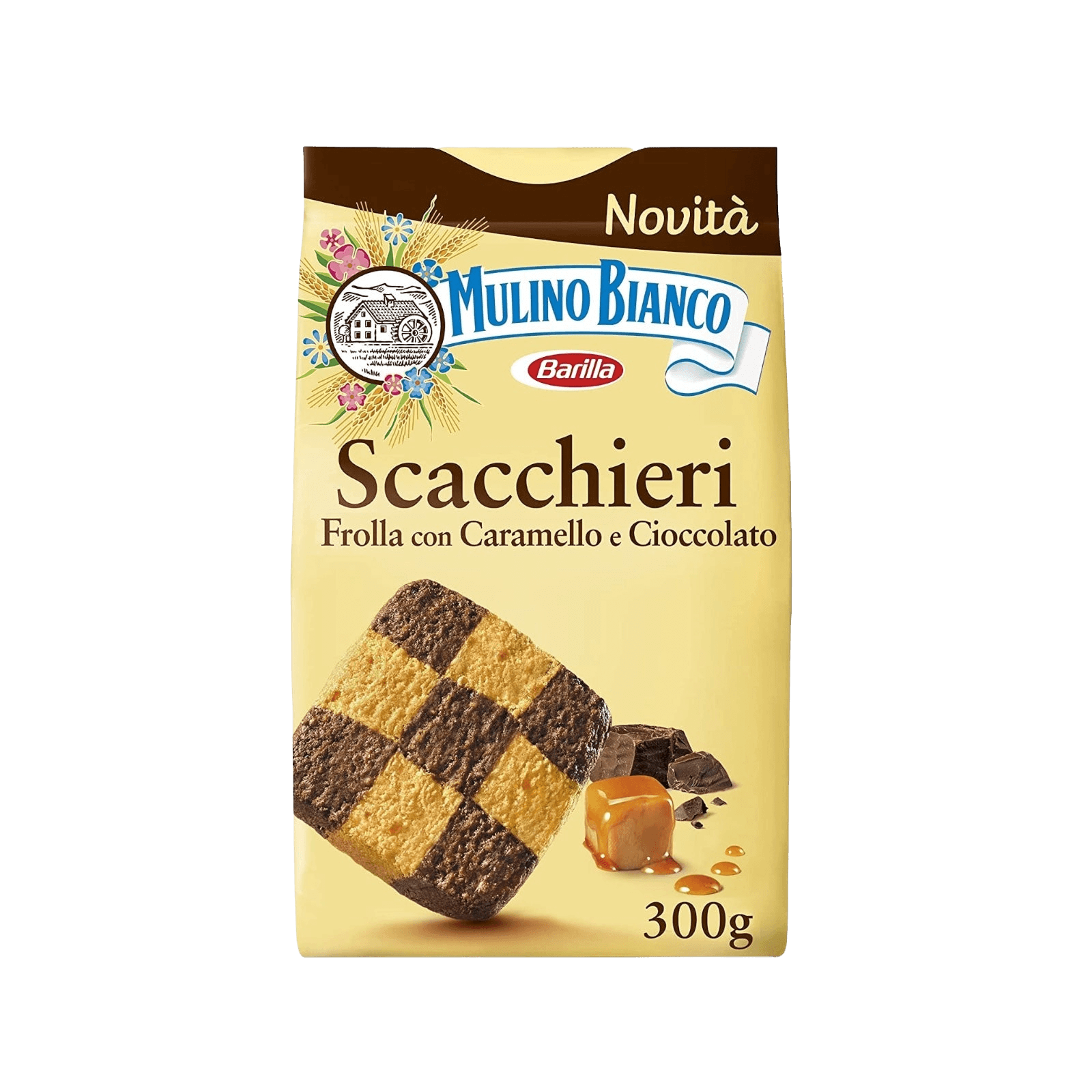 Scacchieri Caramel Chocolate Cookies by Mulino Bianco in 300g pack, featuring double pastry squares with rich caramel and chocolate flavor.