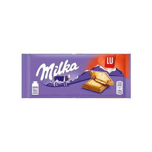 Milka Choco Lu Bar 87g combines creamy Swiss Alps milk chocolate with crunchy LU biscuits, perfect for snacking or gifting.