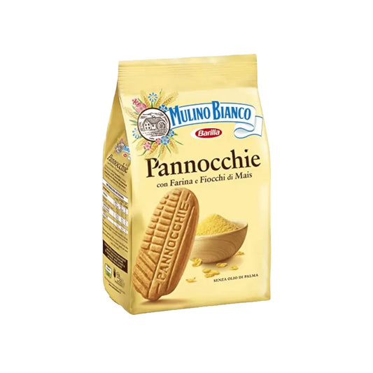 Mulino Bianco Pannocchie Cookies 350G with cornmeal flakes in beige packaging. Lightly crunchy corn biscuits ideal for breakfast or snacking.